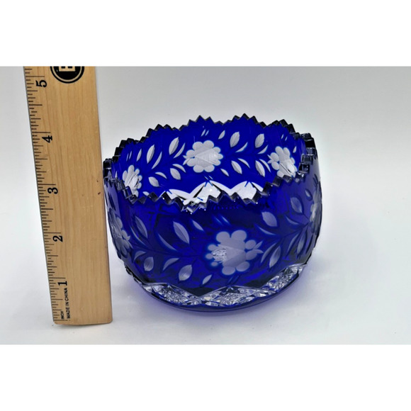 Vintage Czech Bohemian Blue Cobalt Cut to Clear Oval Sawtooth Crystal Bowl - Picture 16 of 16